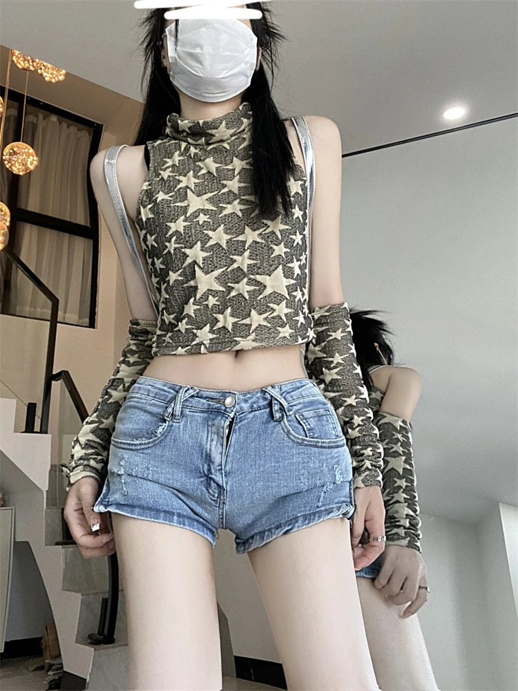 

Women's Side Zipper Slit High Waist Sexy Denim Shorts Cool Girl Triangle Mini Trousers Female Wide Leg Summer Hot Pants