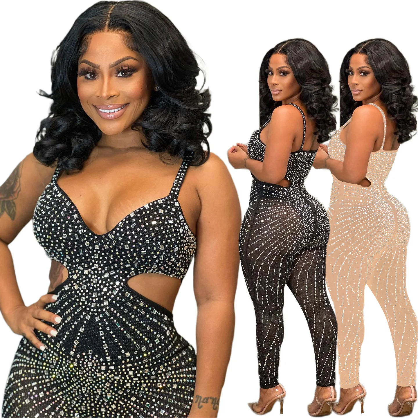 

Sexy party nightclub club sexy mesh see-through hot diamond sleeveless halter jumpsuit