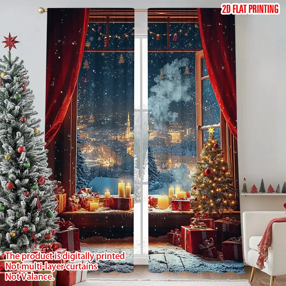 

2pcs 2D flat printing Merry Christmas Window Drapes Christmas Winter 0 Machine Washable Fabric Without Electricity Spring Use
