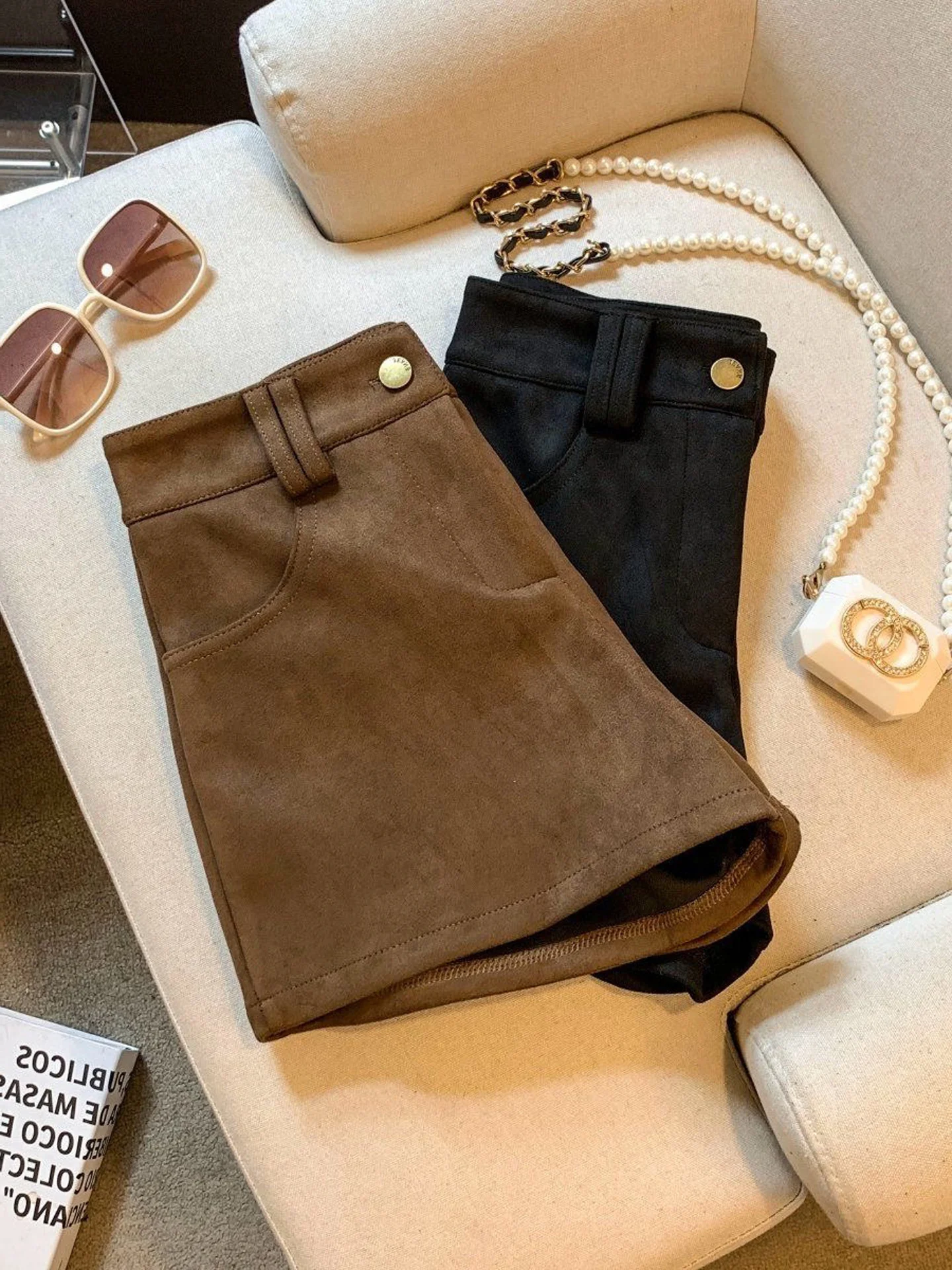 Retro Coffee Suede Short Pants Women's High Waist Straight Casual Slim A-Line Wide Leg Boot Pants Autumn Winter New Style