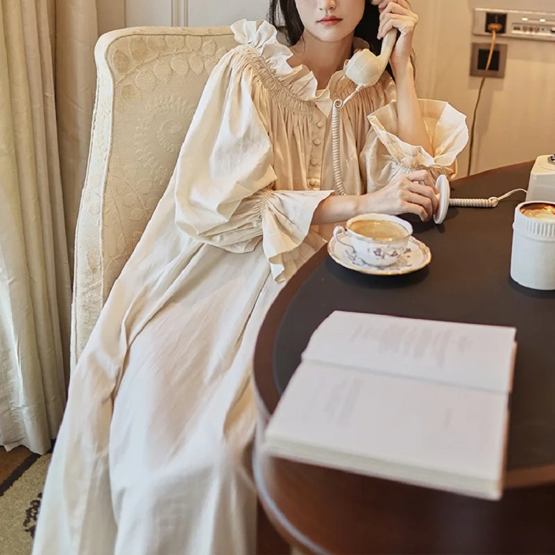 New Vintage Soft Cotton Beige Loose Long Nightgowns For Women Long Sleeve Elegant Nightshirts Comfortable Sweet Night Dress