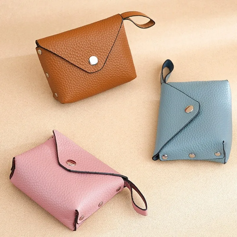 Simple Genuine Leather Short Coin Wallets Card Holder Bag Case Retro Cowhide Small Money Purse For Men Women Earphone Pouch