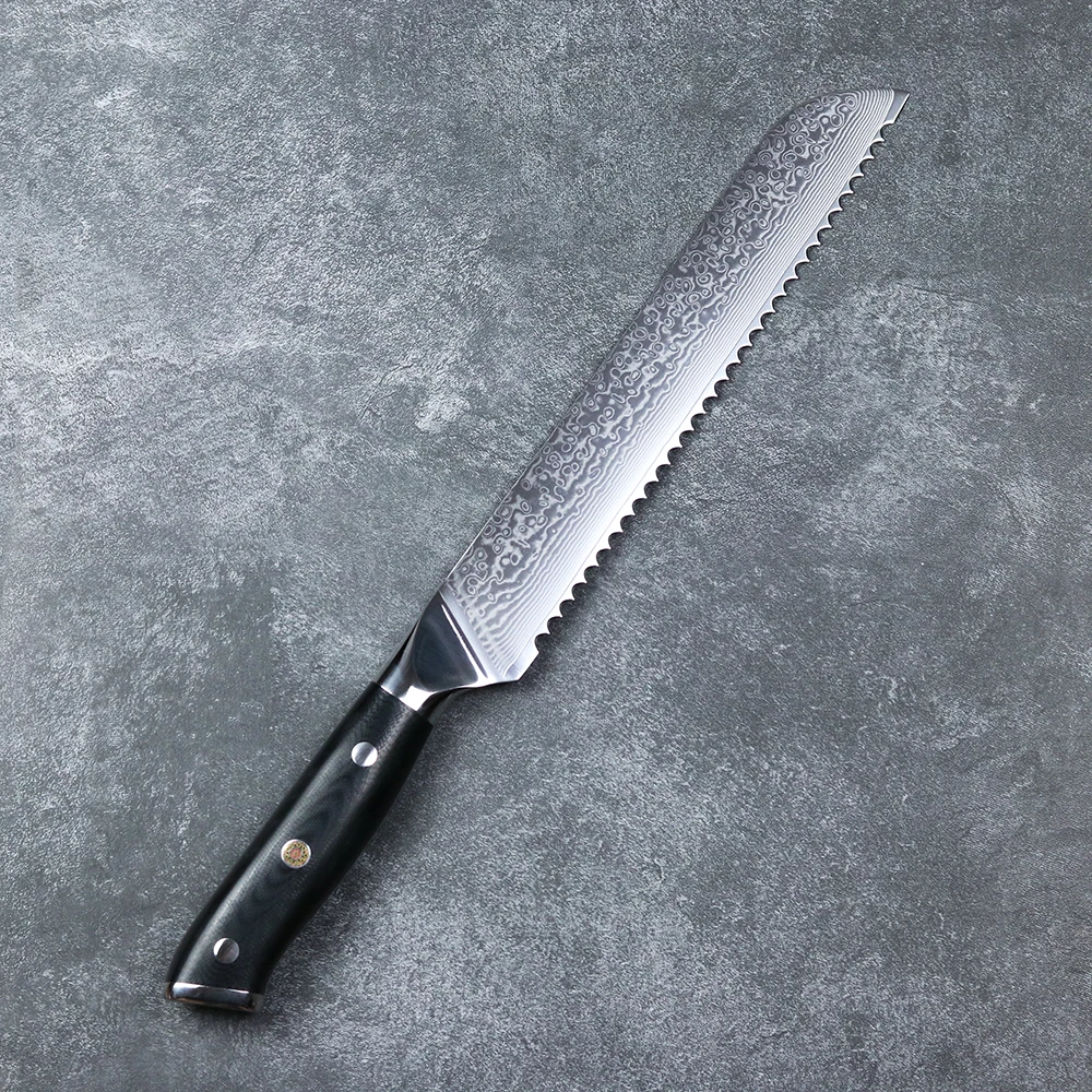 JUMCSONG 8-inch Bread Knife 67 layers Damascus Steel Saw Tooth Cake Knife Baking Knife Dim Sum Bread Slicing Knife