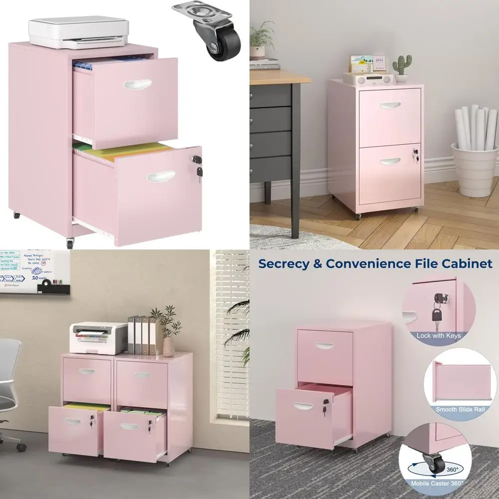 

Pink Rolling Metal File Cabinet with Lock, 2-Drawer Home Office Organizer for Letters and Boxes, Assembly Required
