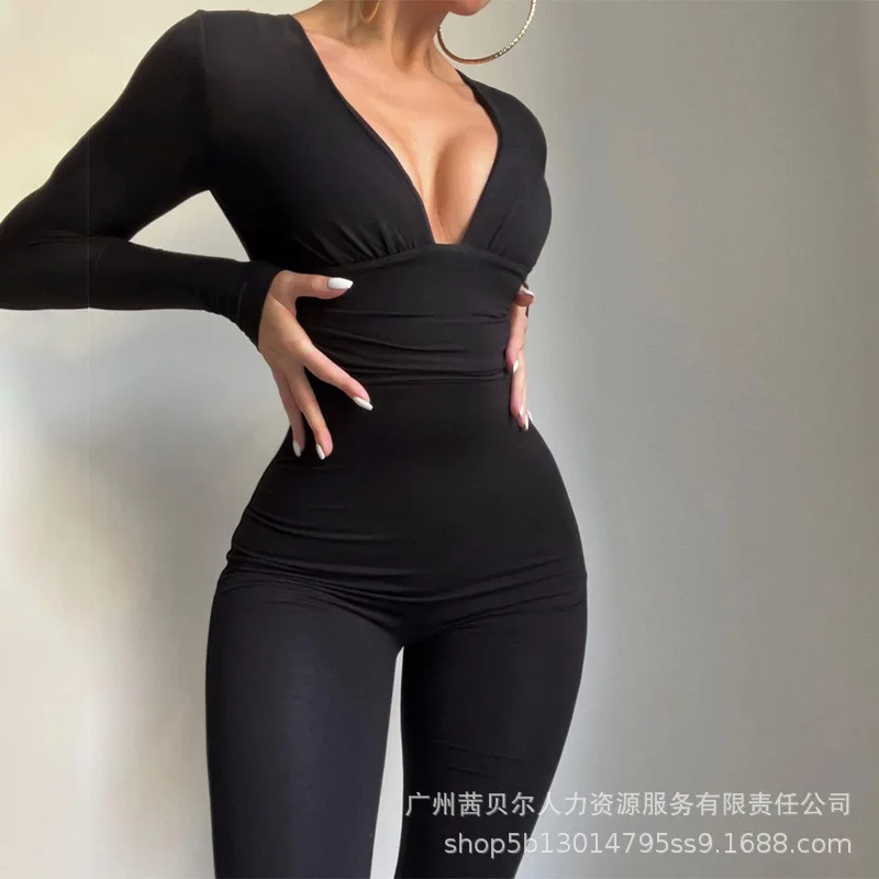 Monos negros de manga larga para mujer, ajustados, de Color sólido, con escote en V profundo, pantalones ajustados, peleles con cuello bajo, mono ajustado Sexy a la moda