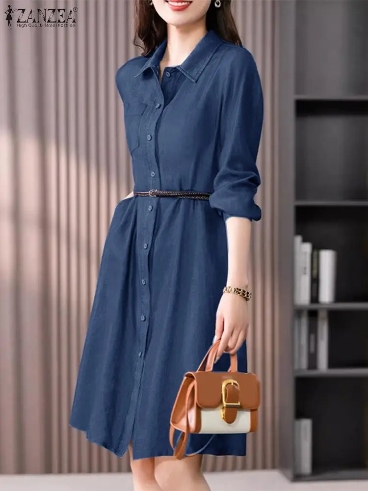 ZANZEA Women Short Shirt Dress Fashion Lapel Neck Long Sleeve Robe 2024 Spring Buttons Pocket Vestidos Casual Loose Midi Dresses