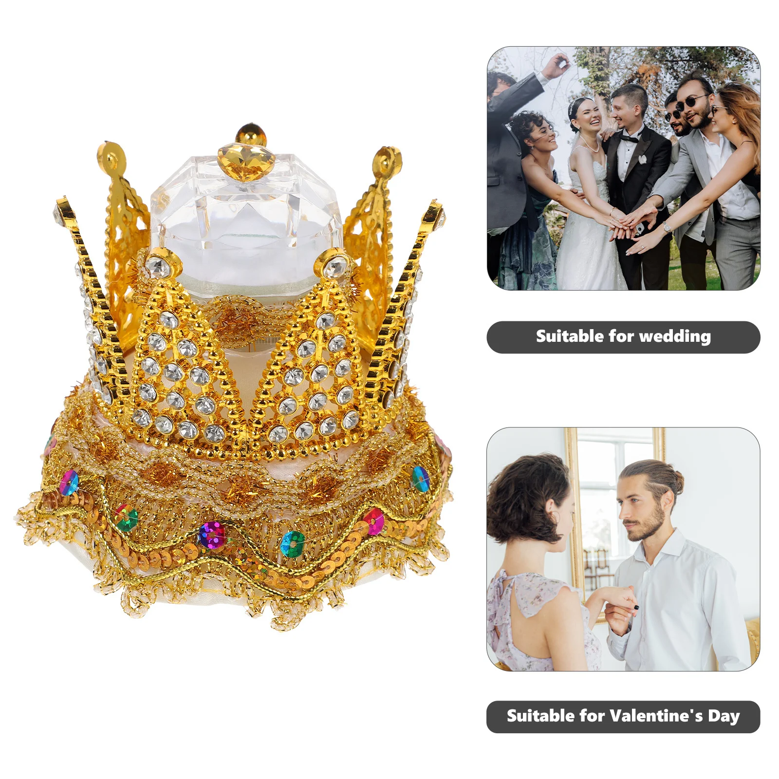 

Шкатулка для колец в форме короны, винтажная, с блестящими стразами, для помолвки, свадьбы, демонстрации колец, для предложения руки и сердца, для девичника