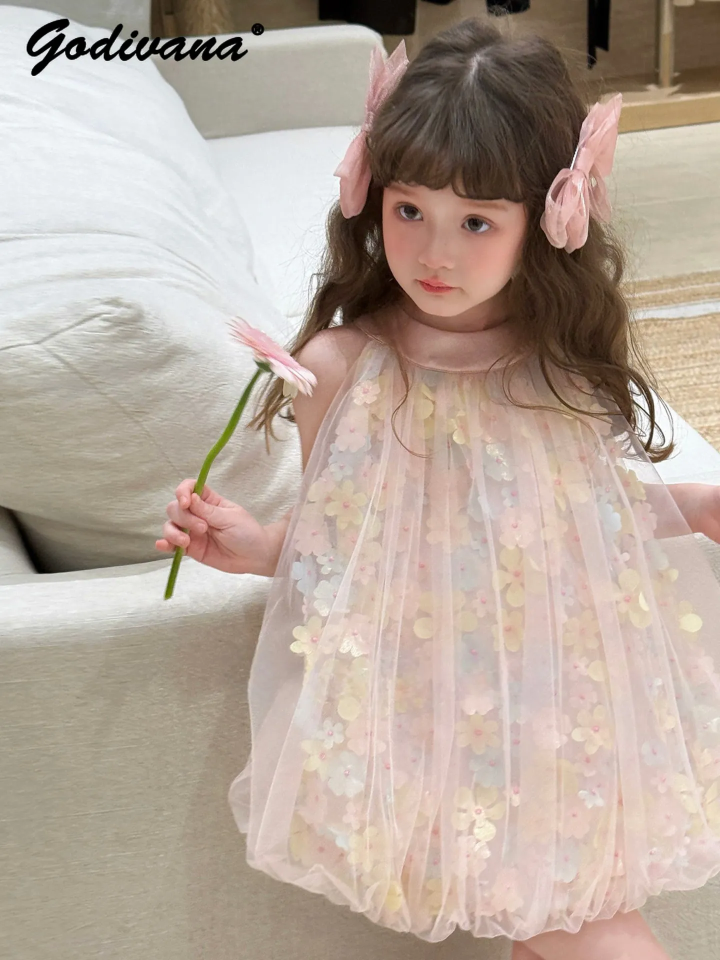 Baby Girls Sweet Pink Princess Casual Dress New Summer 2026 Kids Heavy 3D Floral Tulle Sleeveless Birthday Party Bud Vest Dress
