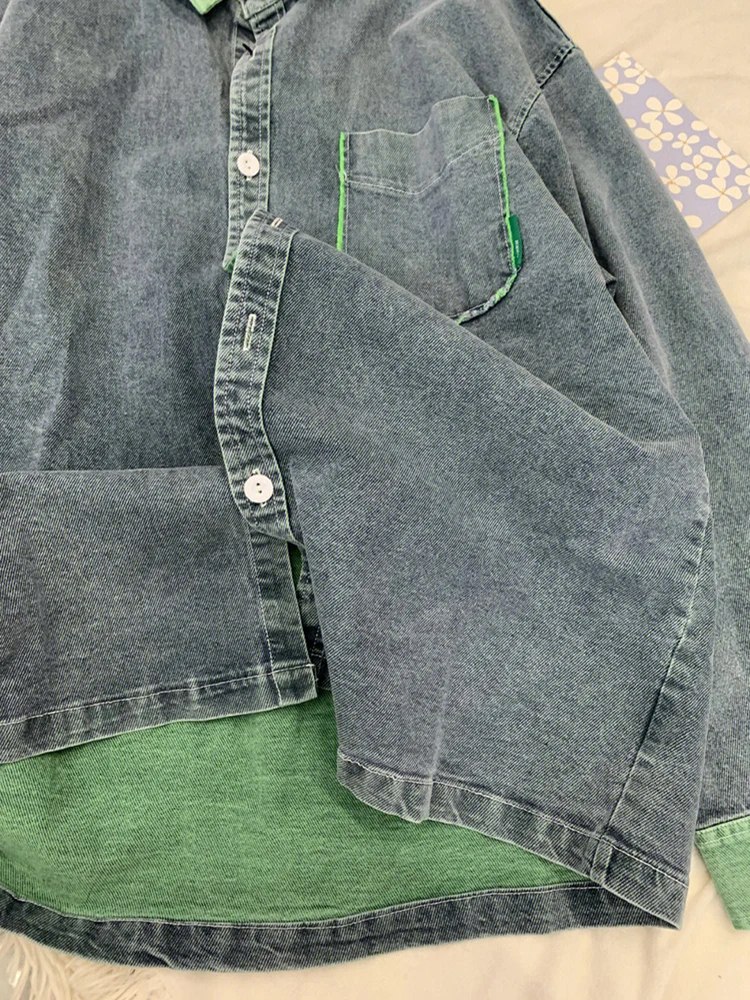 Retro Blue Denim Shirts For Women Spring Autumn Casual Loose Student Long Sleeved Jackets Fashion Patchwork Commuting Thin Tops