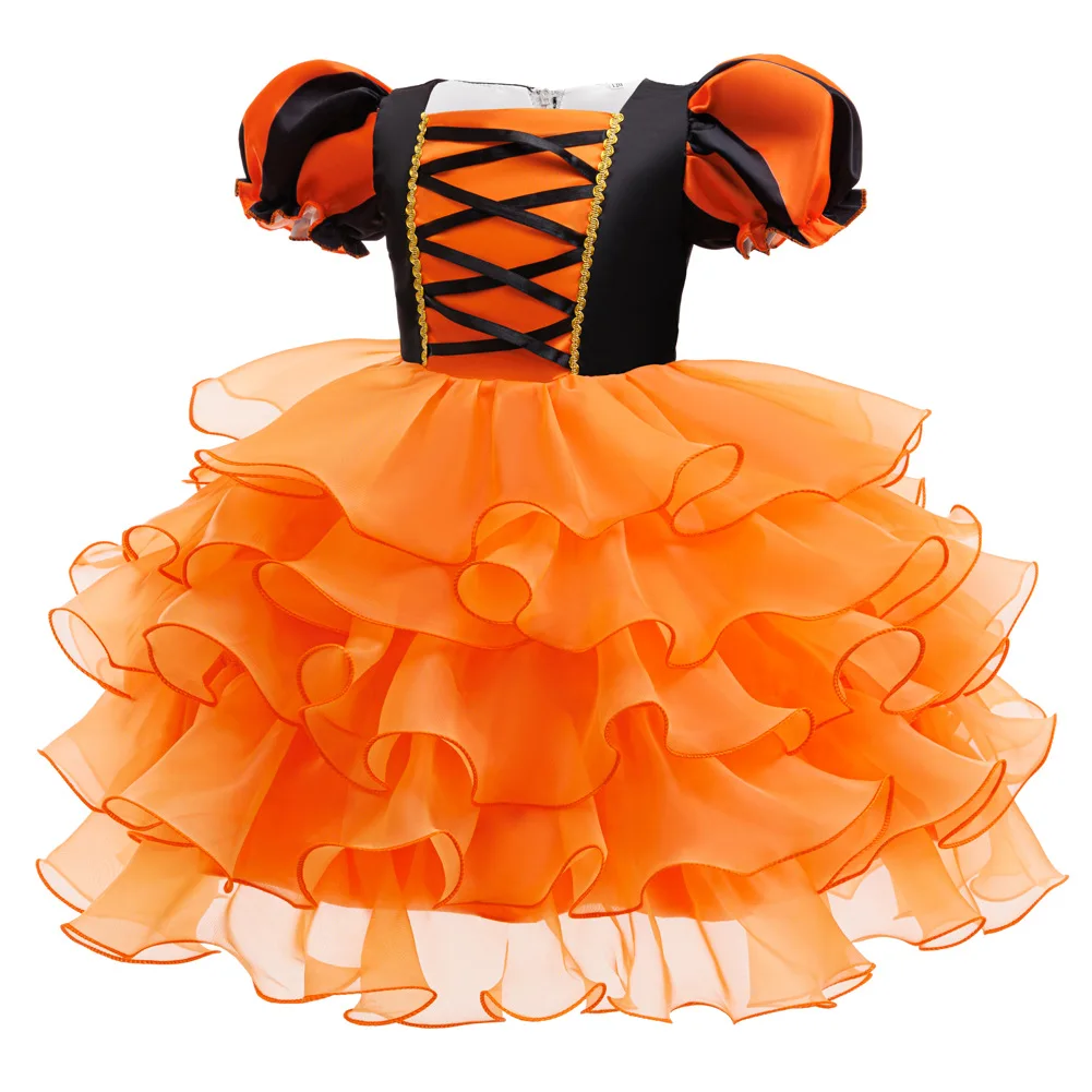 Halloween-Kostüm für Mädchen: Kleid mit Puffärmeln, Rüschen und mehreren Stoffschichten aus Tüll + Hexenhut + Süßigkeitenbeutel in Form einer Kürbis, Party-Outfit für Kinder, 3-teiliges Set. – Detail 9
