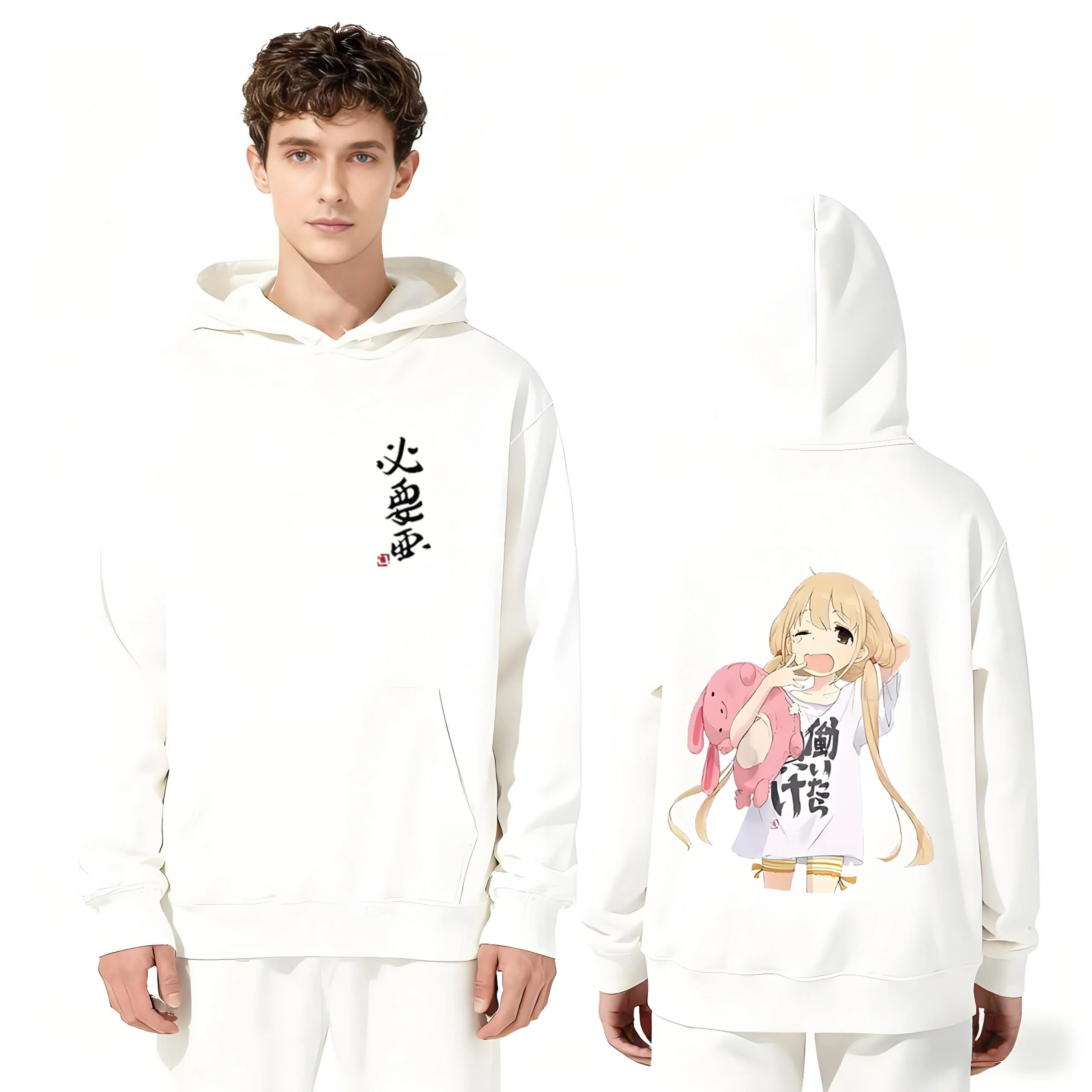 

Fashion 330gsm Heavyweight Hoodie White Asian Style Print Comfortable Unisex Pullover Casual Streetwear Korean Style T-shirt