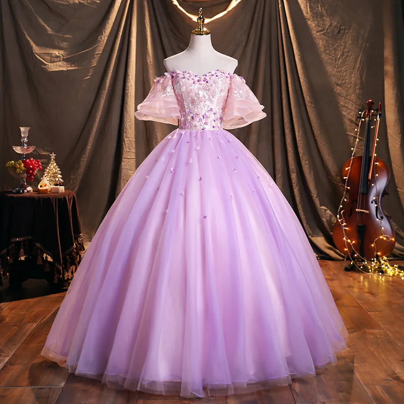 

JEHETH 3D Handmake Flower Light Purple Prom Dress Off the Shoulder Bell Sleeves Evening Party Gown for Women Lace Up Balll Gown