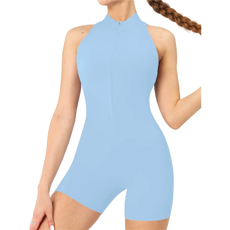 

A83F-Women's Sleeveless Fitness Bodysuit Zipper Jumpsuit Shorts Bodysuit Bodysuit