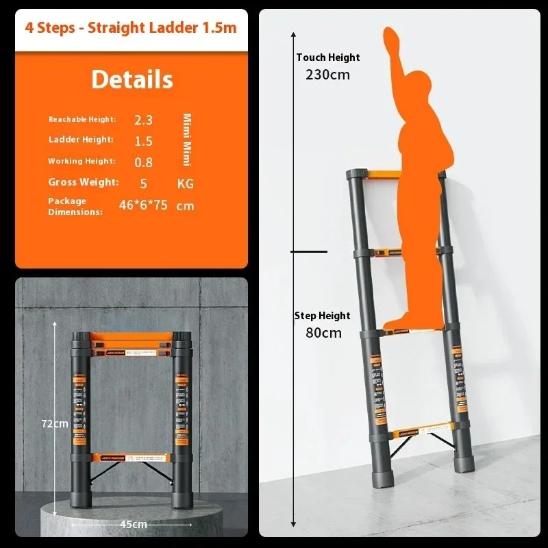 Thick carbon steel telescopic straight ladder, household maintenance climbing ladder, height adjustable straight ladder
