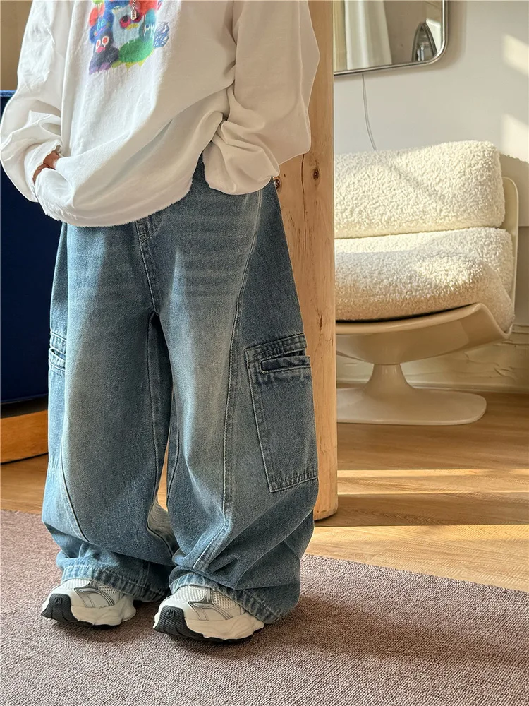 

Джинсы-карго в стиле пэчворк для мальчиков в стиле хип-хоп, прямые повседневные брюки унисекс, детские уличные брюки с несколькими карманами, винтажные модные брюки для девочек