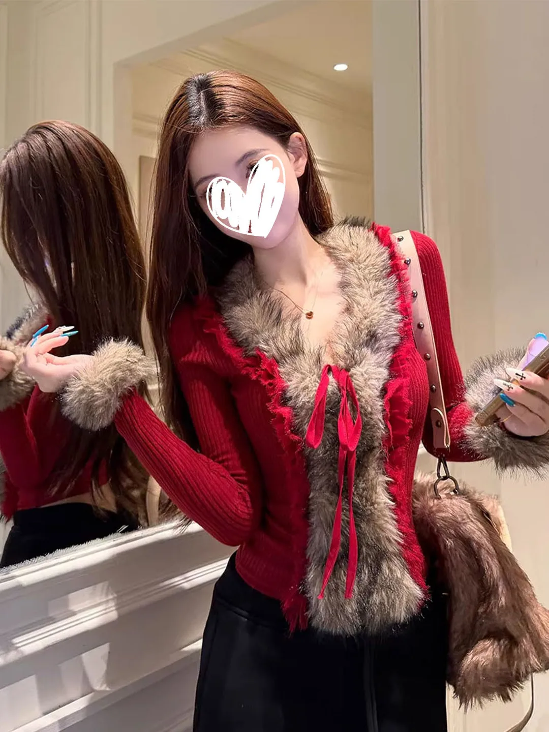 

Red Plaid Long Sleeve V-Neck Knitted Sweater Women's Slimming Base Shirt Spring New Year Vintage Style Fashion Ladies' Knitwear