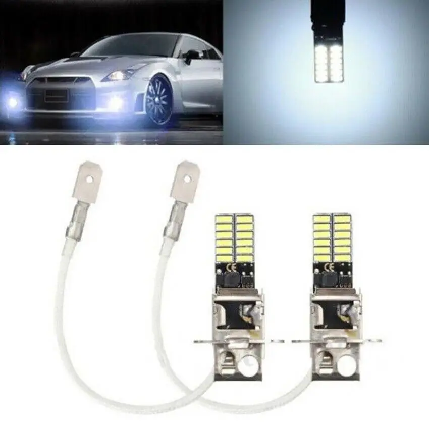 Lâmpada branca de xenon para carro, lâmpada Auto DRL, H3, 2835, 24 SMD, 6500K, 2pcs