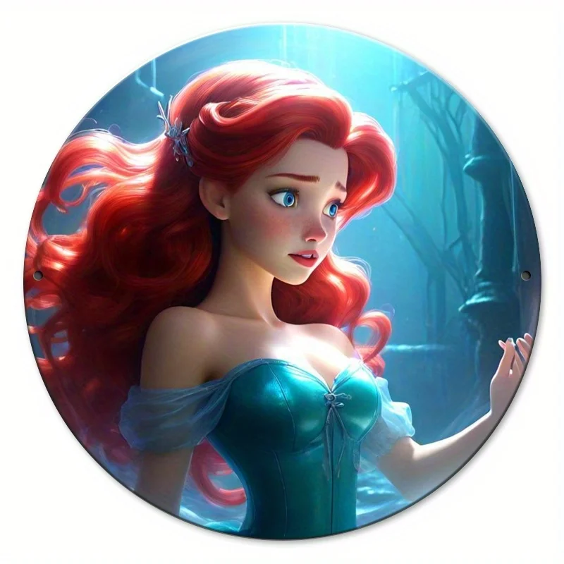 1 قطعة ديزني ارييل الأميرة خمر نمط 20.32x20.32 سم جولة الحديد جدار شنقا علامة الزخرفية ، ديكور مكتب متعدد الأغراض ، مثالية