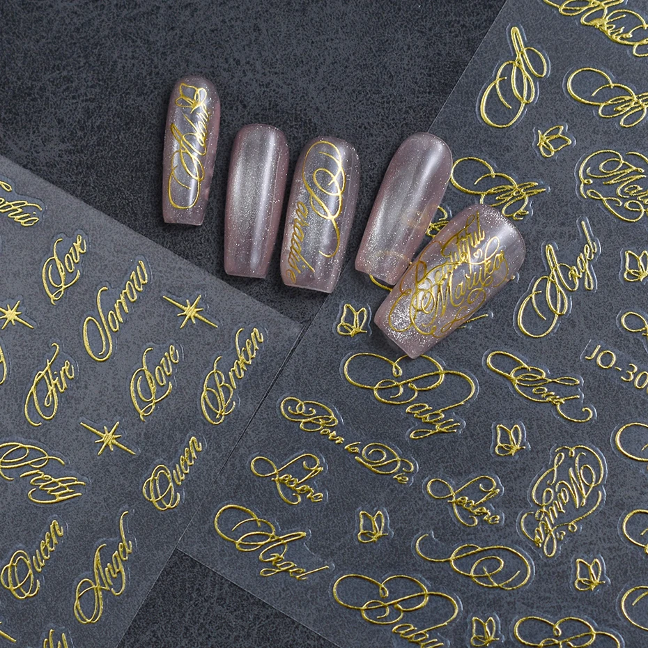 Buchstaben-Nagelaufkleber im Y2K Gothic-Stil, schräg gestaltetes englisches Design, goldene, silberne, schwarze, weiße Nagelaufkleber, DIY-Nageldekor – Detail 9