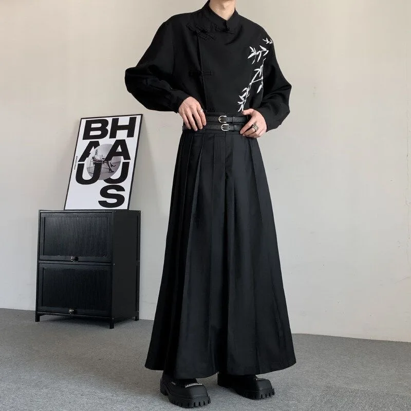 Men Pleated Belt Gentleman Skirts Pants Male Japanese Vintage Senior Design Trouser Party Club Banquet Dinner Festival Pants