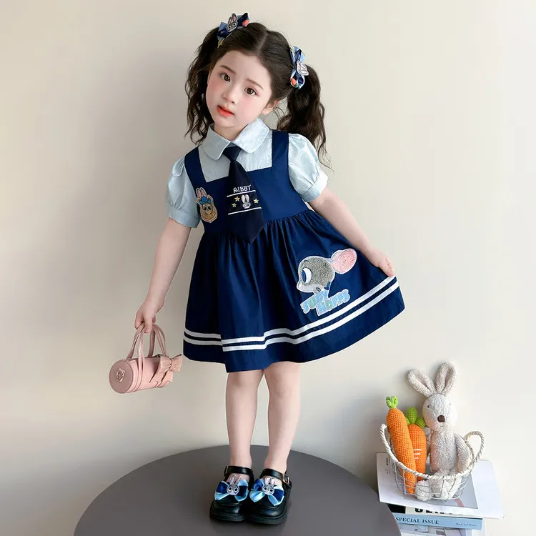 

Cute Rabbit Police Officer Dress for Girls Baby Cotton Long Sleeve Princess Style Summer Fashionable College Style Dress