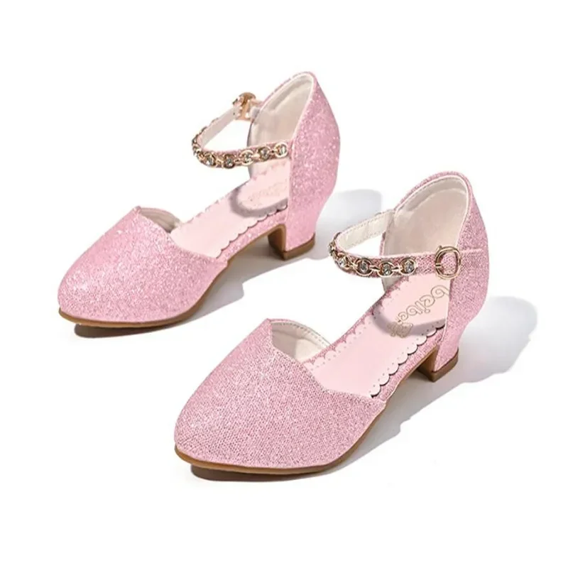 Children's High Heel Leather Shoe Flash Diamond Lace Princess Shoes Little girl Crystal Dance Shoes kids Party Performance Shoes