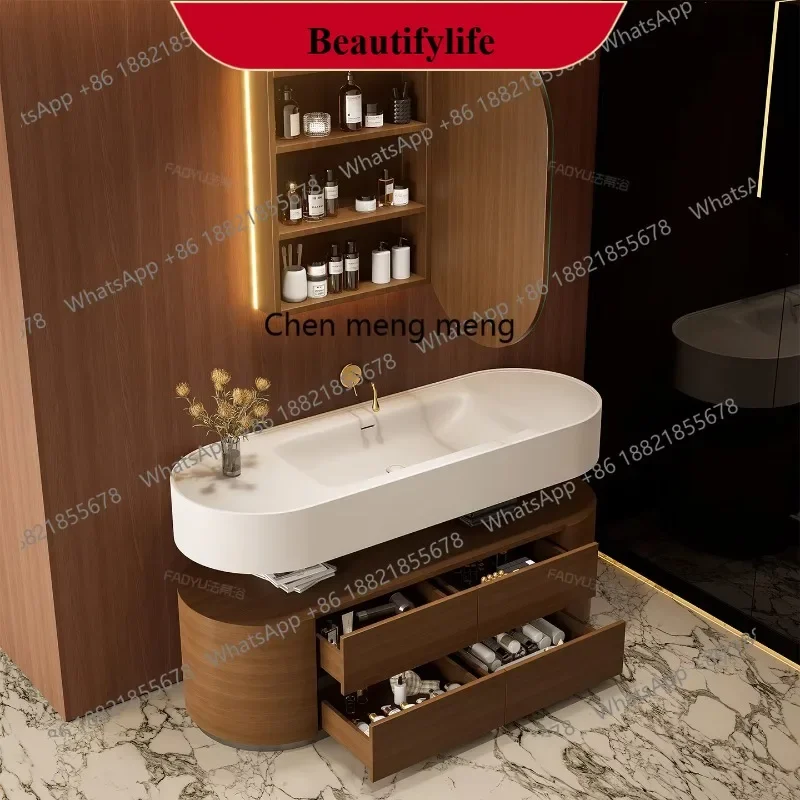 YL 2025 new Corian integrated basin medieval hotel style double-layer split rubber wood bathroom cabinet