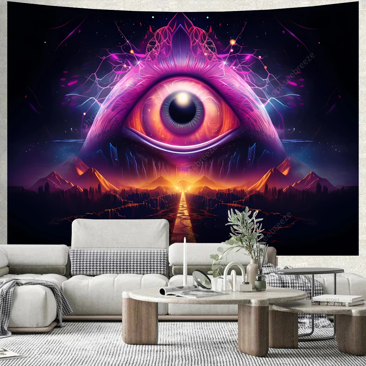 Mystic Eye of God UV Reactive Tapestry for Witchcraft Hippie Wall Hanging Bohemian Mandala Art Aesthetic Room Wall Decor