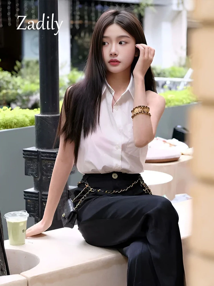 Casual Sleeveless Women White Shirt And Blouse Korea Style Button Turn Down Collar Ladies Shirts Summer Female Clothing Tops