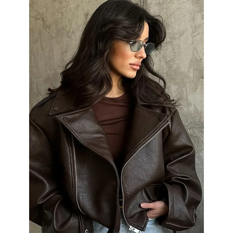 مع سترة جلدية بحزام، سترة نسائية ربيعية أوروبية وأمريكية، سترة جلدية أنيقة بحزام ريترو أمريكي للدراجات النارية #3