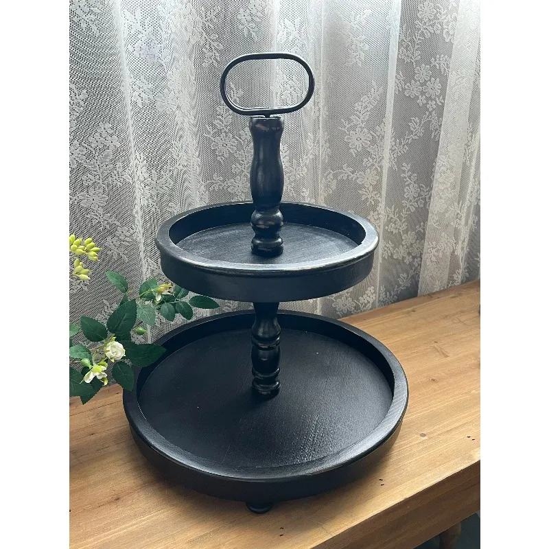 American old solid wood double-layer tray fruit plate pastry plate kitchen dining table decorative storage plate