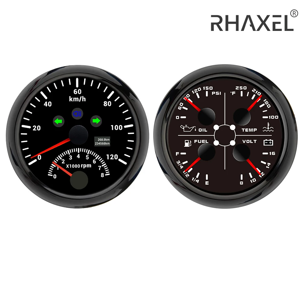 RHAXEL 2 Gauge Kit Speedometer GPS 200MPH with Tachometer RPM 4in1 Fuel Level Water Temp. Oil Pressure 0-150PSI Voltmeter 12V