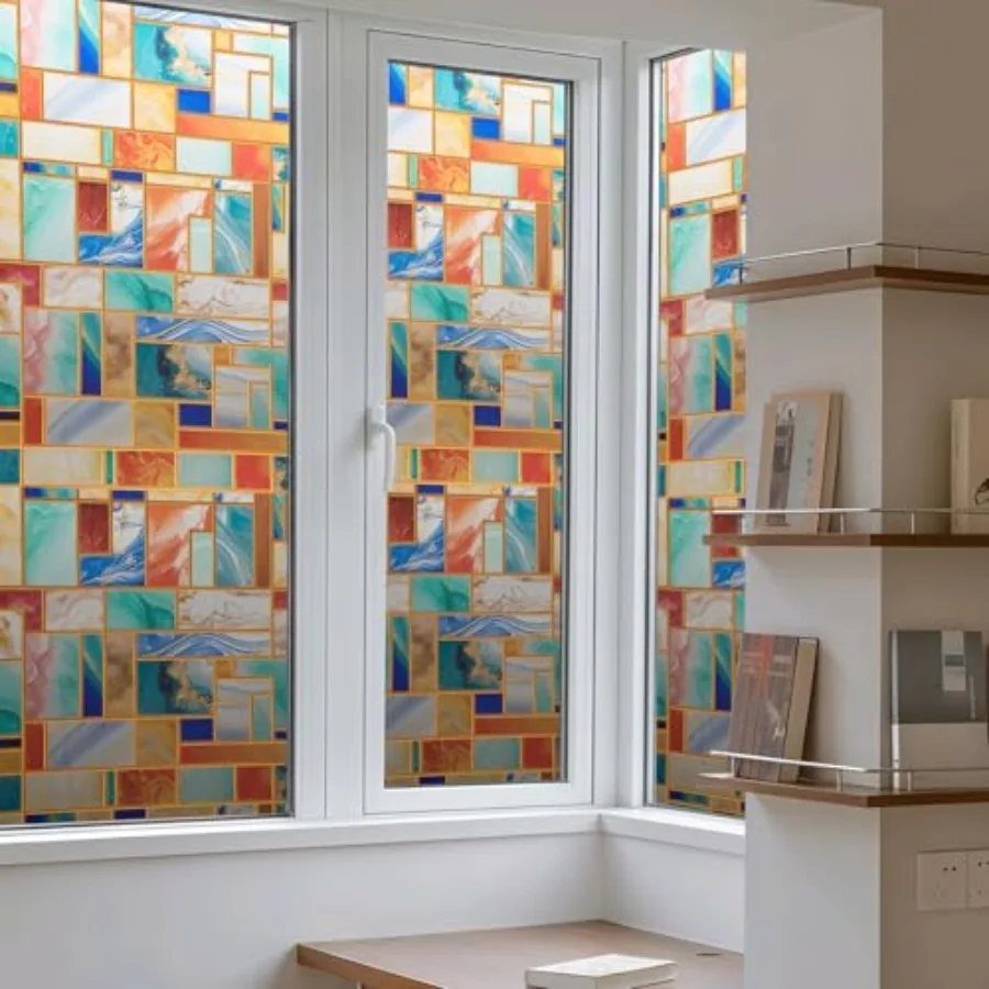 

Decorative Window Privacy Film with Vibrant Colored Pattern Stained Glass Window Film Non-Adhesive UV Protection Easy to Apply