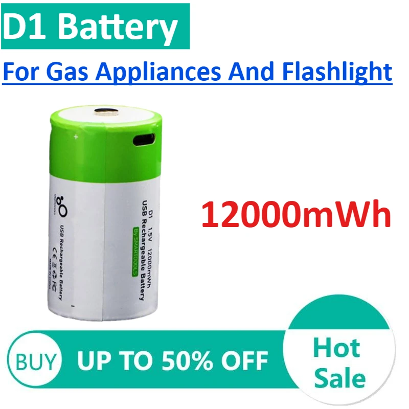 

1.5V R20 12000mWh D1 Size Rechargeable Batteries with Type-C Cable for Gas Appliances and Flashlight