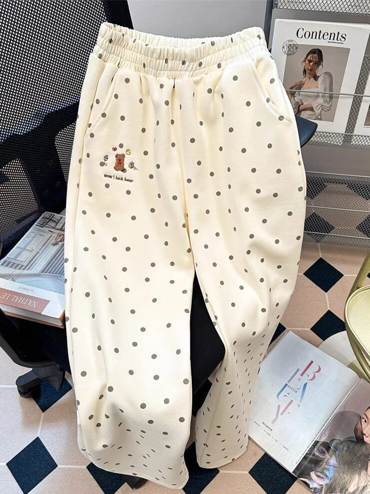 Mode Dot doux jambe large pantalon femmes mignon dessin animé broderie pantalon coréen Chic automne taille haute femme ample pantalon décontracté nouveau