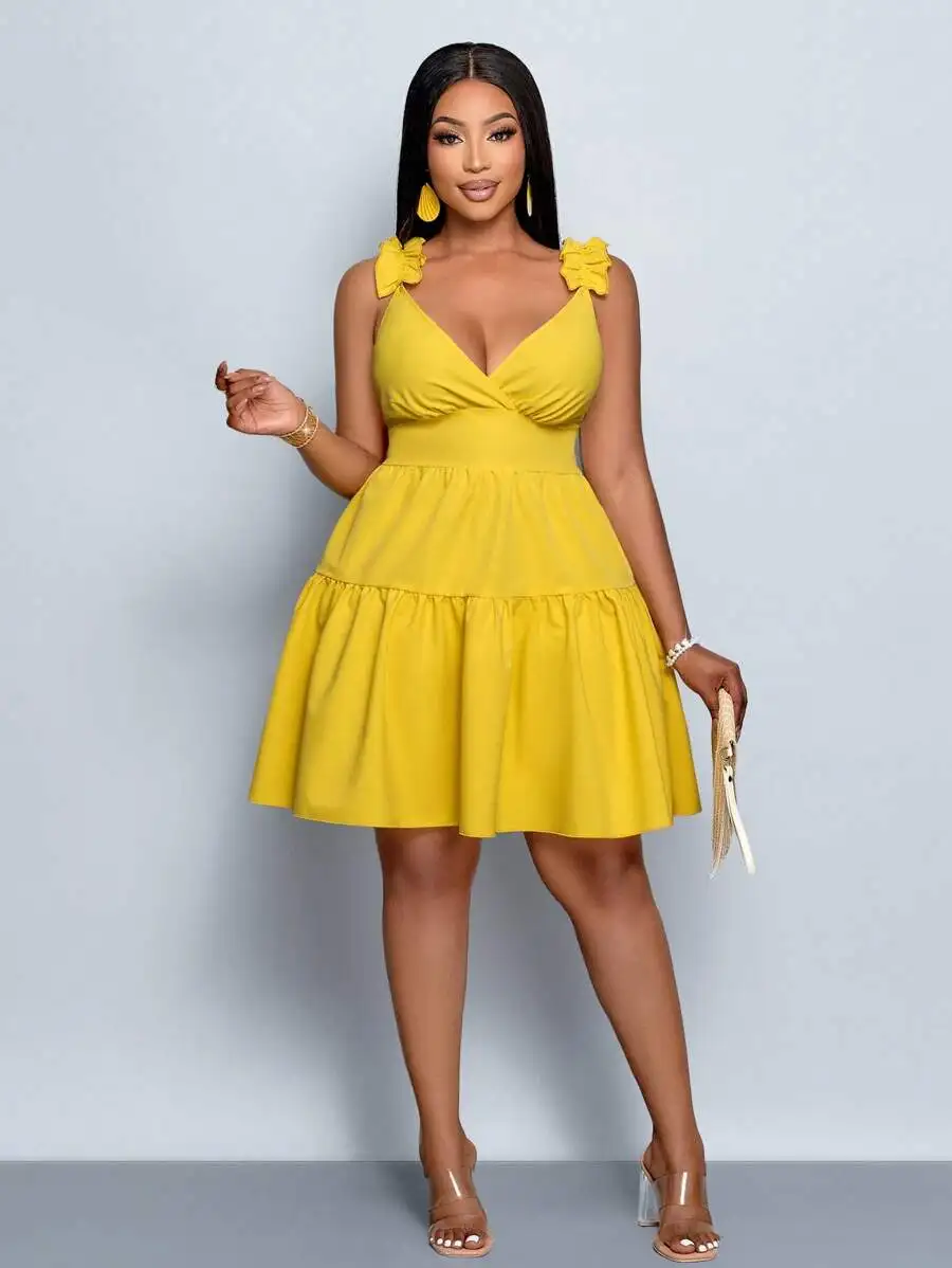 

Yellow Plus Size V-Neck Ruffle Shoulder Tiered A-Line Mini Dress