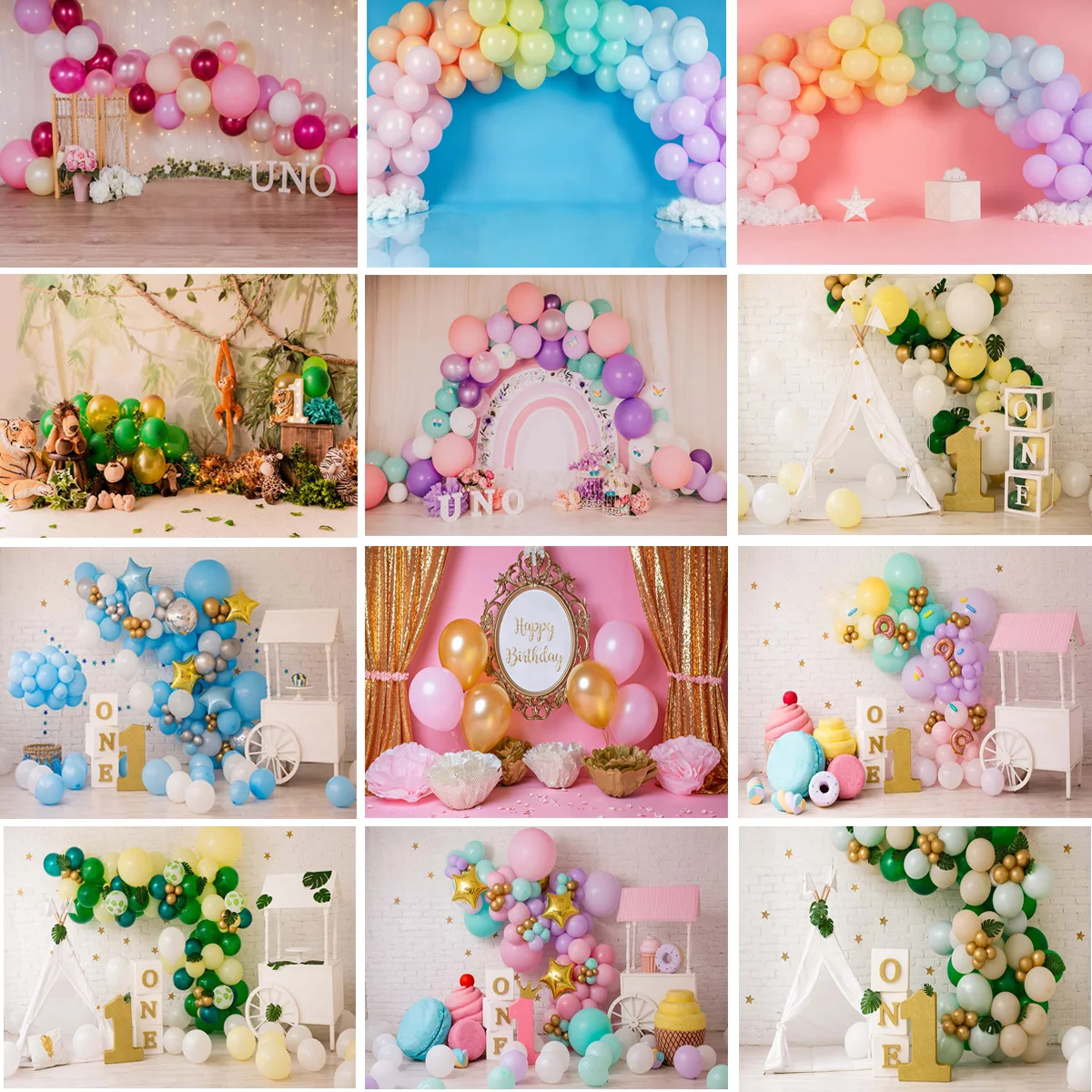 

Newborn 1st Birthday Party Decor Backdrop Bohemian Style Colorful Balloon Arch Stars Cake Smash Background Board Kids Photobooth