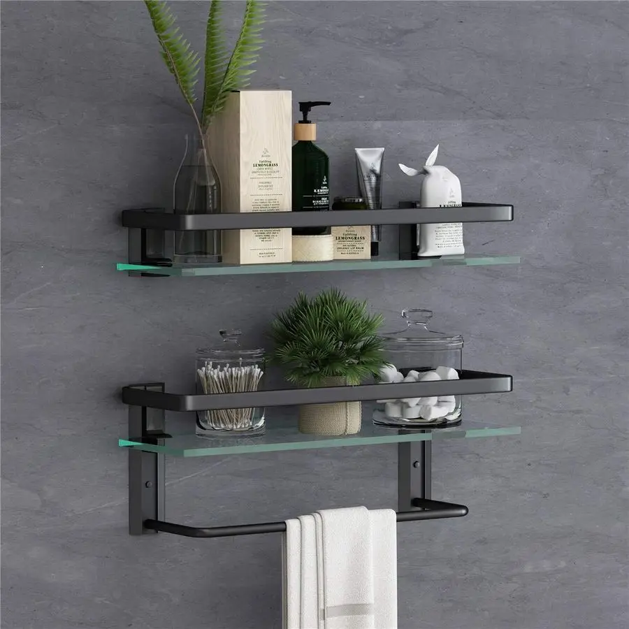 

Glass Bathroom Shelf with Towel Bar 15.7in Bathroom Wall Shelves Rustproof Metal Bathroom Wall Organizer 2Tier Black