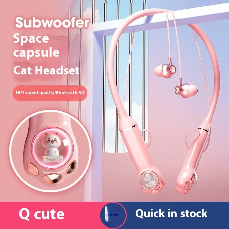 High Click New Cartoon Cat Neck Sports in-ear Light Earphones Long Life High Sound Quality Noise Cancelling Bluetooth Earphones