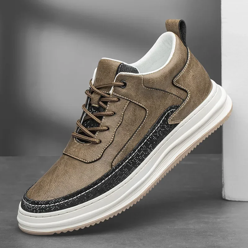 Genuine Leather High Quality Mens Sneakers Fashion Lace-Up Male Elevator +6cm Casual Shoes New All-match Skate Footwear