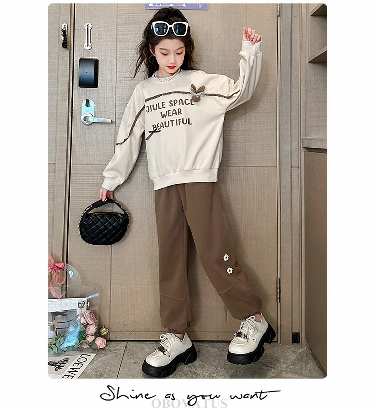 Frühlingskleidungsset für Teenager-Mädchen, Herbst-Trainingsanzug für Kinder, Sweatshirt mit Buchstabenmuster + Hosenanzug, Sportkleidung für die Schule, Kinderkostüme. – Detail 3