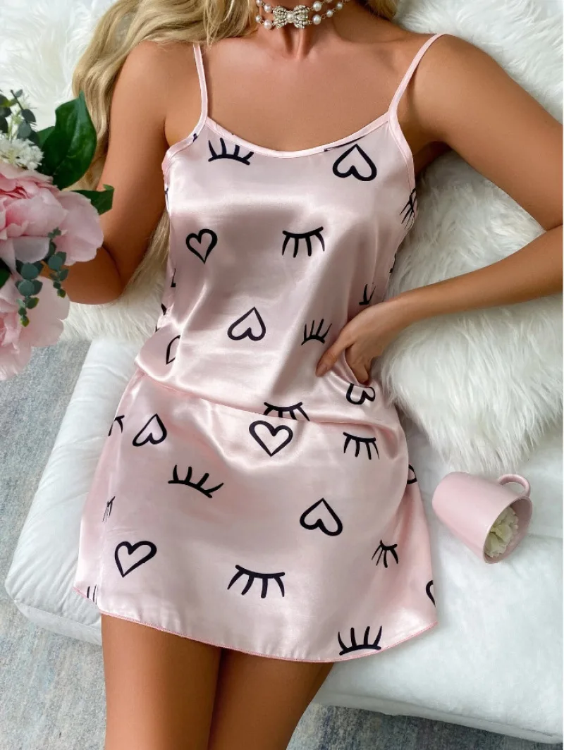 Women Nightgowns Faux Satin Silk Sleepwear Print Sling Nightdress Nightwear Dresses Sexy Lingerie Gown Housewear Robe Homedress