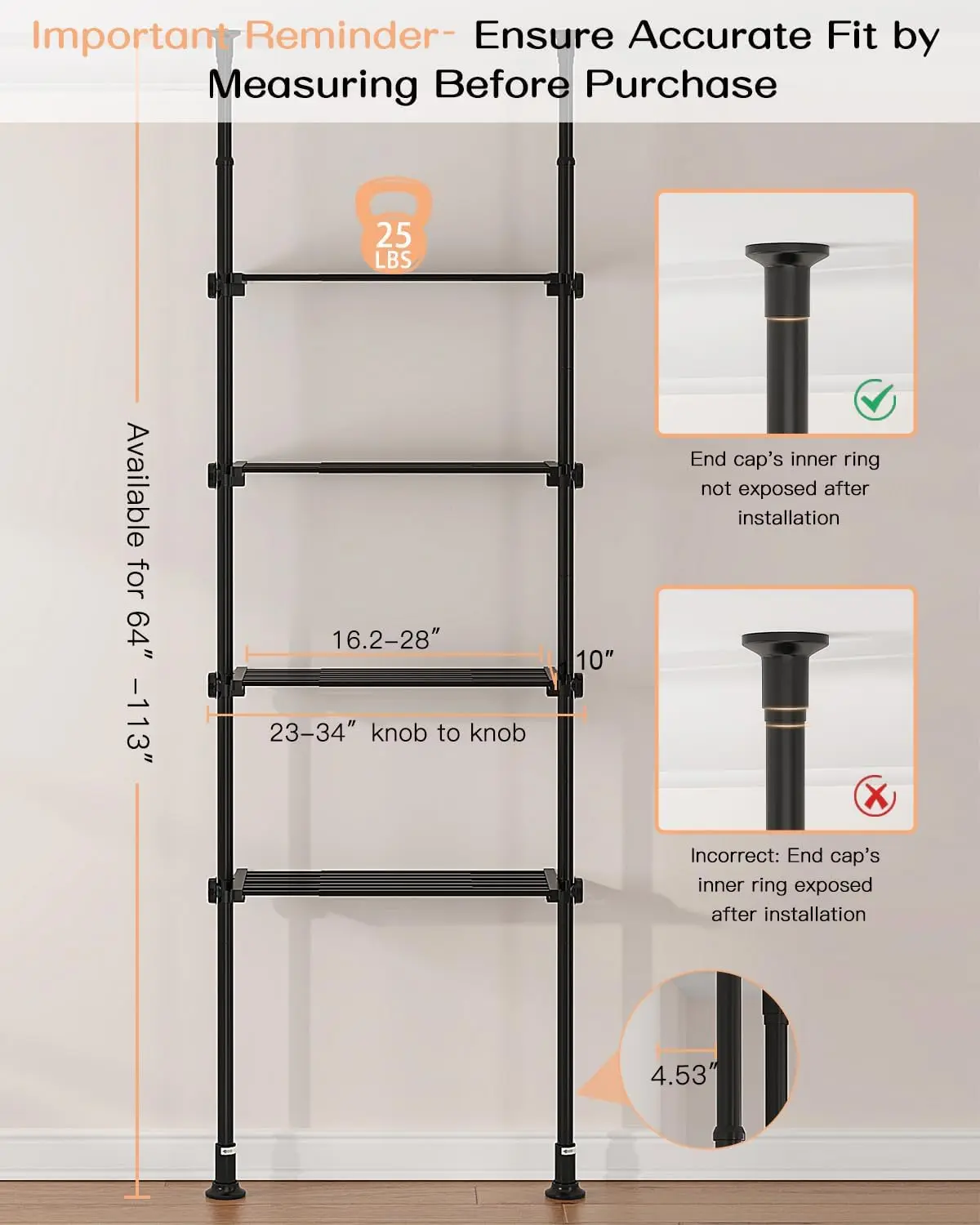 Over The Toilet Storage Shelf, 4-Tier Ample Over Toilet Bathroom Organizer and Storage,Tension Mounted Above Toilet, 64-113 Inch