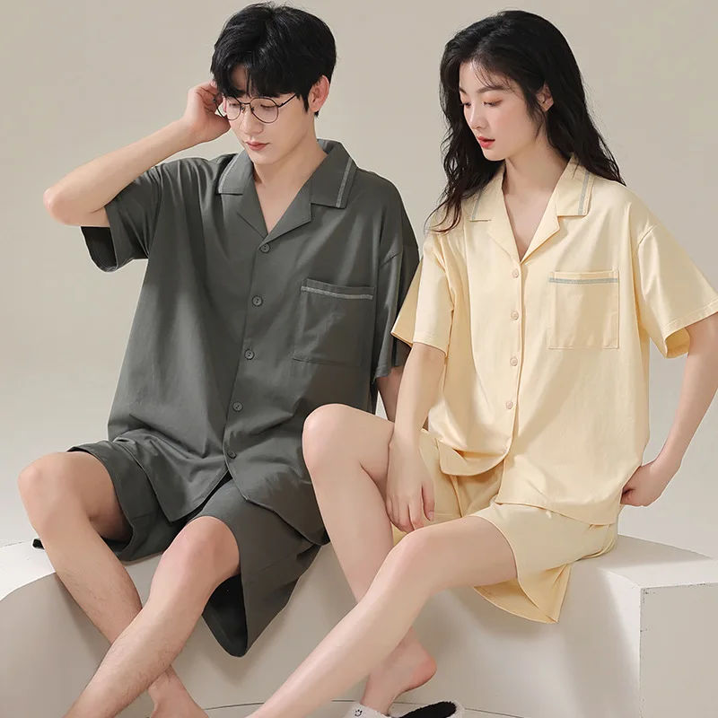 2023 New Modal Couples Pajamas Set Summer Short Sleeping Top Shorts Men Home Clothes Cardigan Women Sleepwear Mujer Hombre Pjs