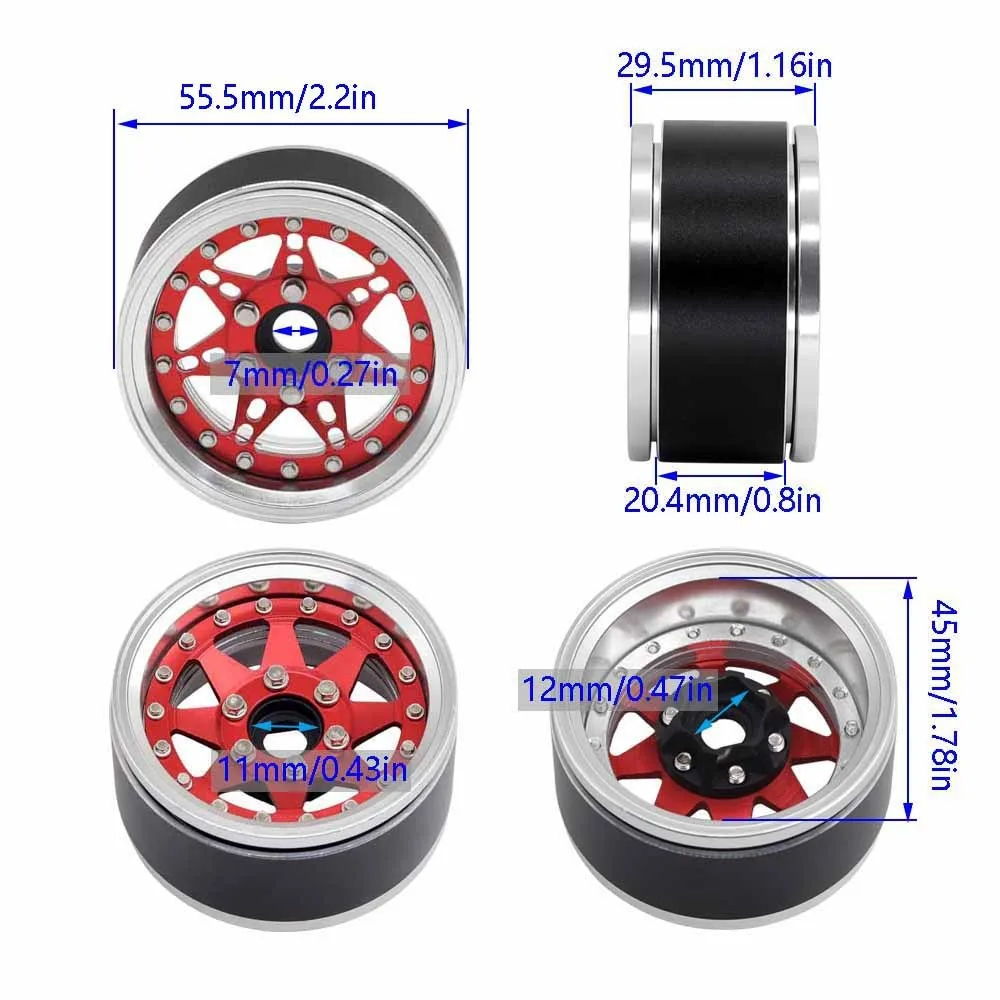 4個入り アルミ製 1.9インチ ビードロックホイール リム 調整可能オフセット ホイールハブ 1/10 RCクローラーカー TRX4 TRX6 SCX10 GEN7 8 D90用