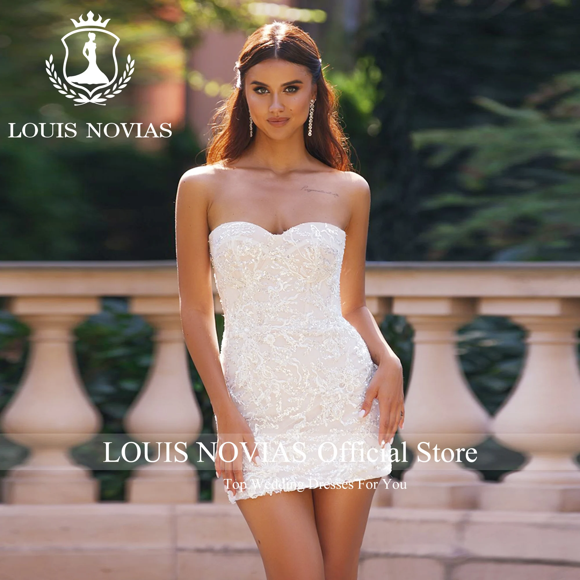 LOUIS NOVIAS-Vestido de noiva sereia lantejoulas para mulheres, acima do joelho, trem destacável, vestido de casamento, decote querido, 2023