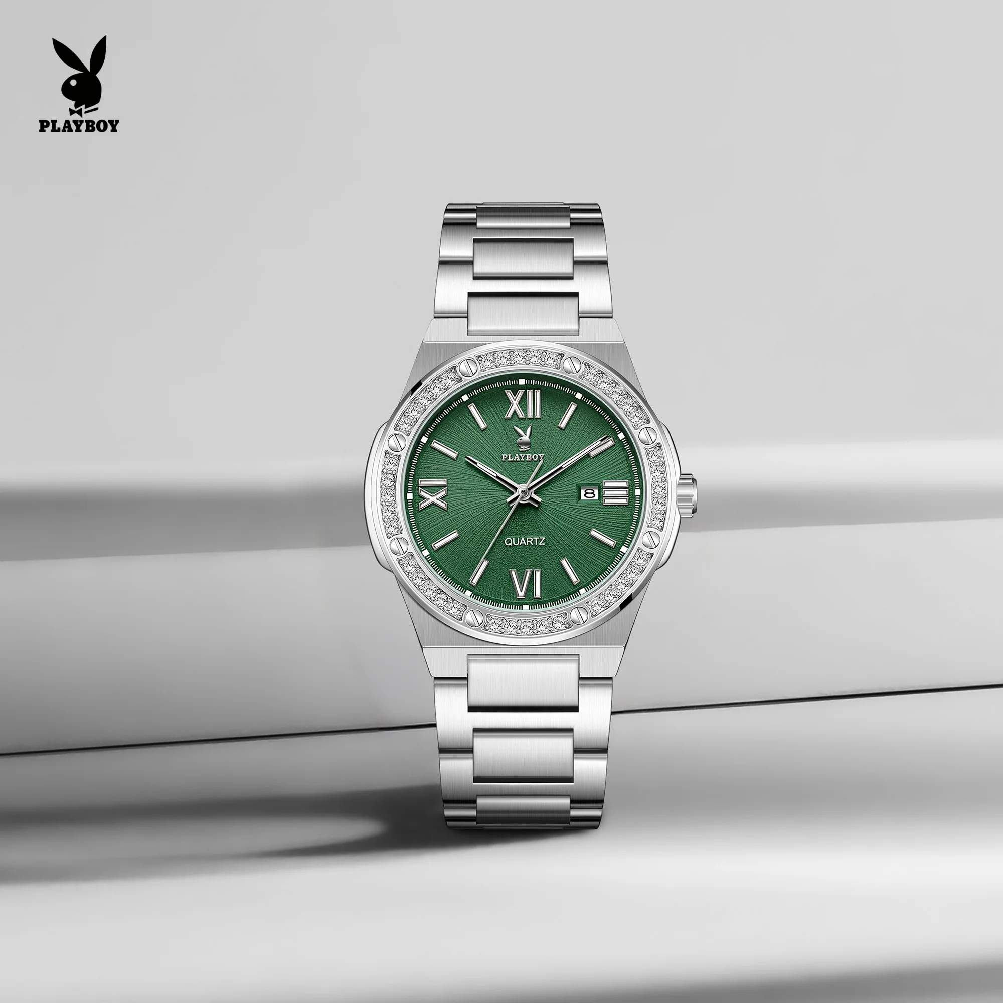 PLAYBOY 3560 Watch Men Women Single Calendar Window Zircon Bezel Design Stainless Steel Strap HD Luminous 30m Waterproof Watch
