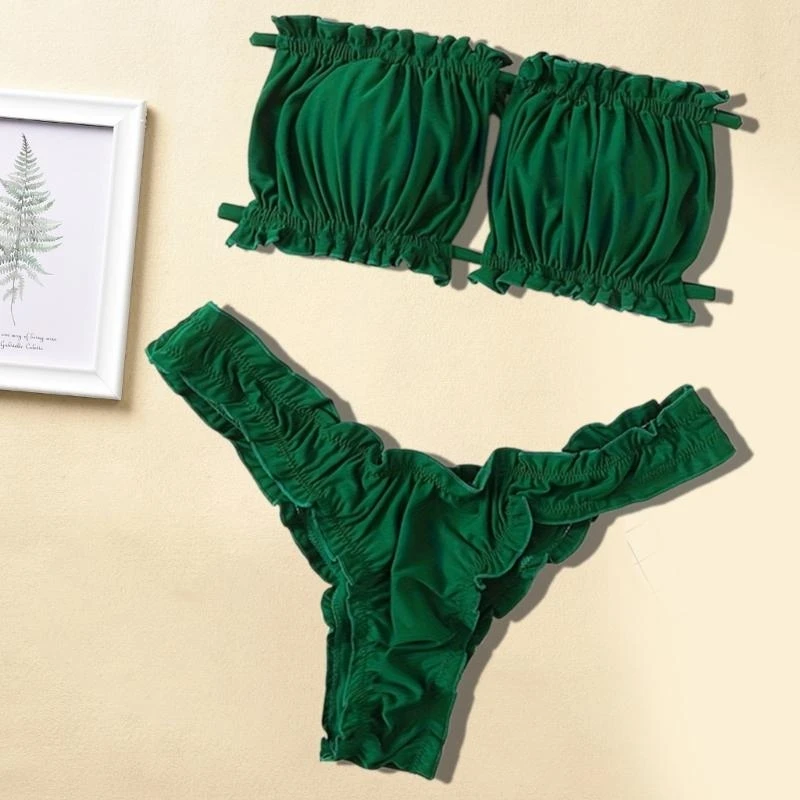 طقم ملابس السباحة النسائية المكشكشة بدلة السباحة النسائية بدون ظهر ملابس السباحة العصابة ملابس السباحة المنقسمة Y08C