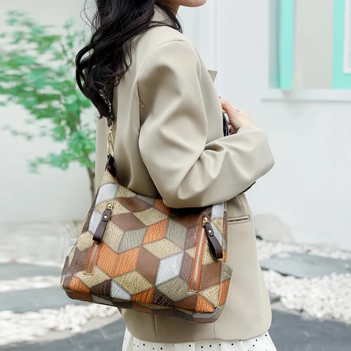 Imagen 2 del producto Bolso de mano femenino de gran capacidad con contraste de Color a la moda, bolso de hombro de cuero PU para mujer, bolsos de cubo de diseñador de marca para mujer