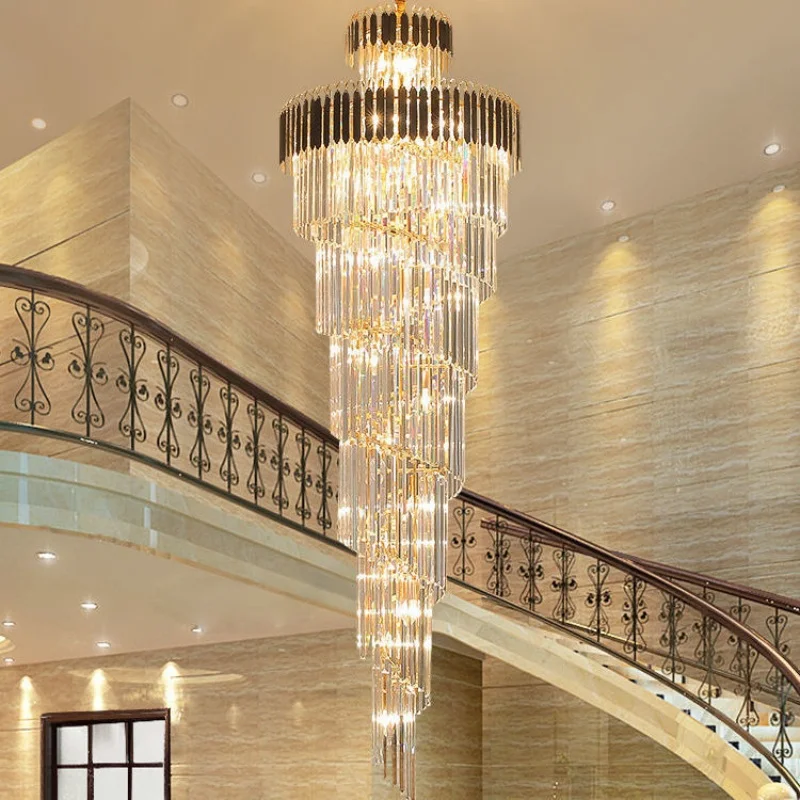 

Long Crystal Staircase Gold Chandelier Modern Crystal Led Lustre Luxury Villa Hotel Hall Living Room Large Chandelier Home Decor